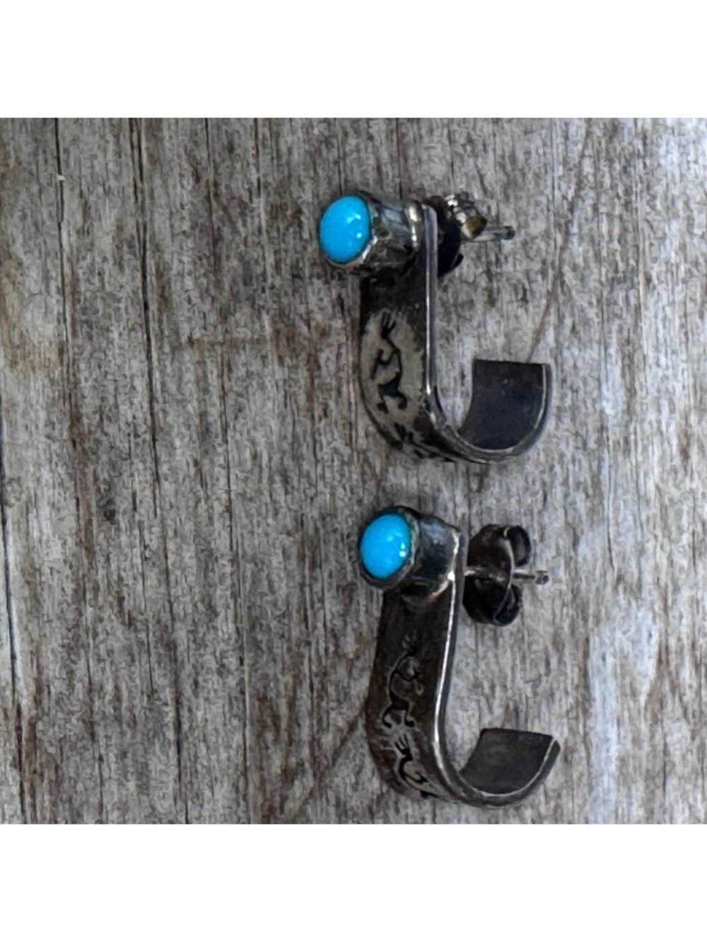 Sterling Silver Turquoise Stud Hoop Earrings Southwestern Style 15mm 3.56g